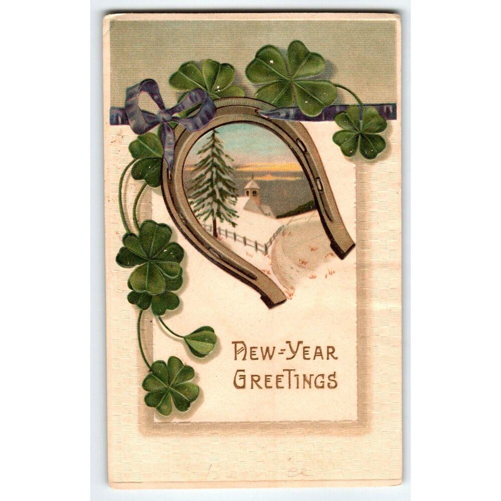 New Year Greetings Postcard Horse Shoe Shamrocks Snowy Tree Germany Embossed